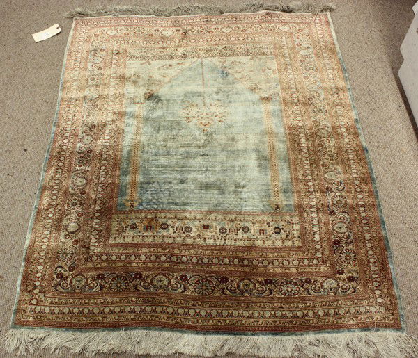Antique prayer rug carpet: Antique Turkish part silk prayer rug circa 1900, 4'1'' x 4'9''