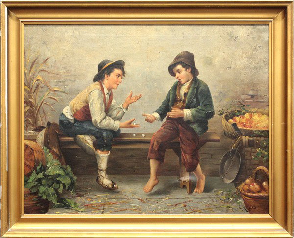 Painting, European School, signed G. Arend: Framed oil on canvas, Roll the Dice, European School (19th century), signed ''G. Arend'' lower right, sight: 2.25''h x 28.5''w, overall: 27''h x 33.5''w. Provenance: From the collection of Cecilia and