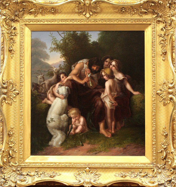 Painting, Italian School, 19th century, The Piper: Framed oil on canvas, The Piper, Italian School (19th century), unsigned, sight: 20.5''h x 18.75''w, overall: 30.25''h x 28.25''w. Provenance: From the collection of Cecilia and Henry Hopkins, Hillsbo