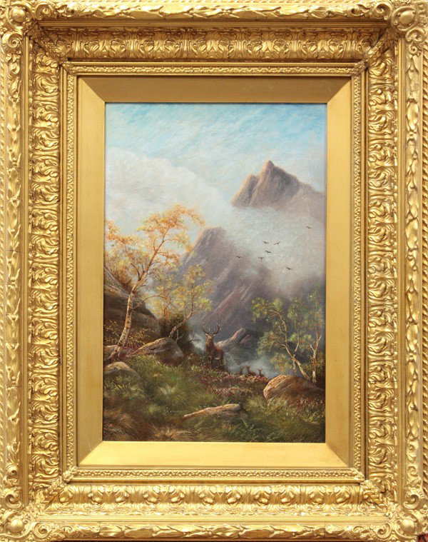 Painting, Nils Hans Christiansen, Stags: Framed oil on canvas, ''Stags to the Rescue,'' by Nils Hans Christiansen (Danish, 1850-1922), signed ''N.H. Christiansen'' lower right, titled and inscribed verso, sight: 18.25''h x 12''w, overall: 27