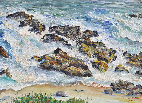 Painting, Richard Kollorsz, Seascape: Framed oil on board, Seascape with Waves Breaking on a Rocky Shore, 1932, by Richard Franz Kollorsz (Californian, 1900-1982), signed and dated ''R.Kollorsz 1932'' lower right, sight: 18.75''h x 25.75'