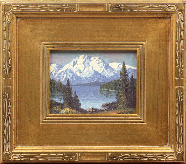 Painting, Carl Sammons: Framed oil on canvas, Mountain Lake, by Carl Sammons (Californian, 1886-1968), signed ''Sammons'' lower right, sight: 6''h x 8''w, overall: 14''h x 16''w. Provenance: Sonoma County collector