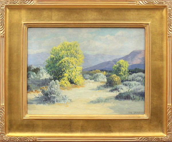 Painting, Carl Sammons, Palm Springs: Framed oil on canvas board, ''Palo Verda Trees, Palm Springs, Calif.,'' 1946, by Carl Sammons (Californian, 1886-1968), signed ''Carl Sammons'' lower right, titled and dated verso, sight: 12''h x 16''