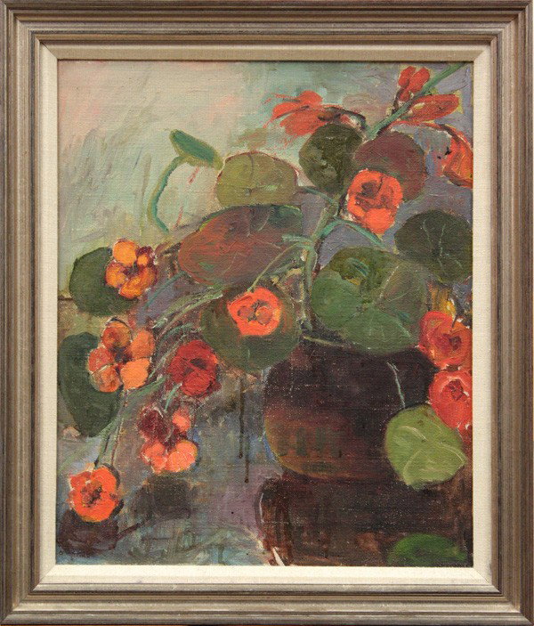 Painting, Selden Gile, Nasturtiums: Framed oil on muslin, ''Nasturtiums,'' by Selden Gile (Californian, 1877-1947), sight: 18''h x 15''w, overall: 22''h x 19''w. Note: Accompanied by Certificate of Authenticity signed by Louis Siegriest