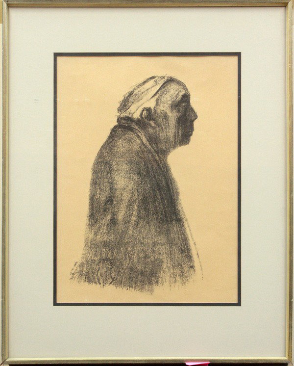 Lithograph, Kathe Kollwitz: Framed lithograph, ''Selbstbildnis im Profil nach rechts,'' 1938, by Käthe Kollwitz (German, 1867-1945), from the edition of 30, information label verso, sight: 18''h x 11.25''w, overall: 30.5''h x 2