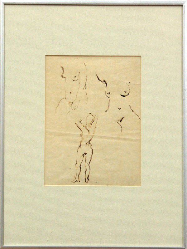 Drawing, Jack Levine, Nude Studies: Framed pen and ink drawing on paper, Untitled (Three Nudes), 1933-1935, by Jack Levine (American, 1915-2010), George Krevsky Gallery, San Francisco label verso, sight: 7.75''h x 5.5''w, overall: 16.25