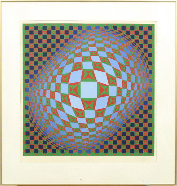 Silkscreen, Victor Vasarely, Optic: Framed color silkscreen, Untitled Op, by Victor Vasarely (French/Hungarian, 1908-1997), pencil signed lower right, numbered edition of 275 lower left, sight: 23.5''h x 23.5''w, overall: 33''h x 32''w