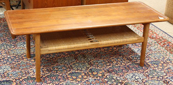 Hans Wegner coffee table: Hans Wegner coffee table, by Andreas Tuck Denmark, circa 1955, executed in teak and cane, Signed with branded manufacturer's mark to underside: [Fabrikat Andr Tuck Arkitekt Hans J Wegner Denmark], and