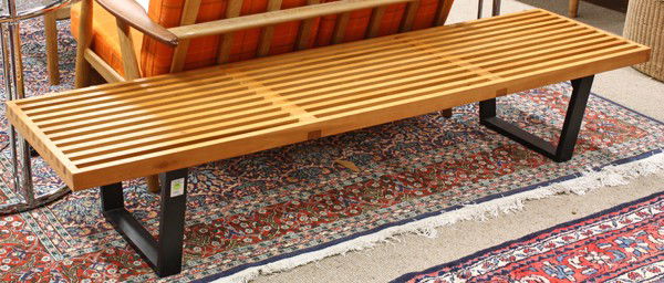 George Nelson style platform bench: George Nelson style platform bench, having a slatted birch top over an ebonized base, 13.5''h x 71.5''w x 18.5''d