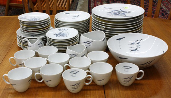 Raymond Loewy, Rosenthal table service: (lot of 66) Raymond Loewy (1893-1986) for Rosenthal porcelain table service, marked on the underside Continental China, Raymond Loewy, Germany, Conference, decorated with a pattern of abstract blue bi