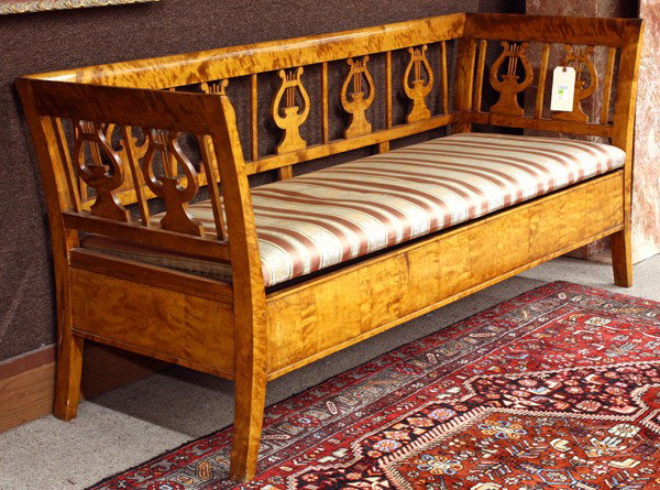 Biedermeier settee: Biedermeier lyre back settee circa 1825, the even arm form with arching stiles framing the repeating lyre supports and rising on outswept legs, 33''h x 71''w x 26''d