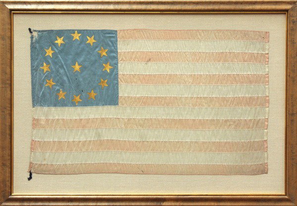 Rare 13 star silk American civil war flag: Rare 13 star silk American civil war flag, flag: 13.5''h x 22.5''w, frame: 19.5''h x 28.25''w