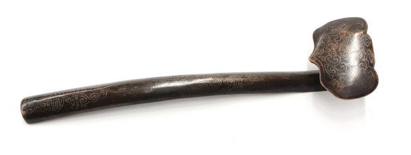 Chinese Inlaid Bronze Ruyi Scepter: Chinese silver inlaid patinated bronze ruyi scepter, the shaped head heightened by a characteristic roundel bracketed by scrolling tendrils rendered in metal inlay, the contoured shaft similarly decor