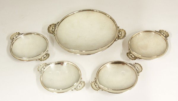Georg Jensen sterling salts: (lot of 5) Georg Jensen sterling silver salt bowls including one master, designed by Gundorph Albertus, 5.05 troy oz.