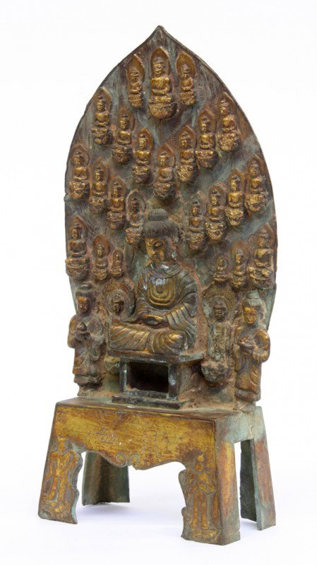 Chinese Wei-style Metal Buddhist Figural Group: Chinese Northern Wei-style gilt metal Buddhist group, centered by a Buddha seated in meditation and flanked by bodhisattva and attendants, all backed by a mandorla decorated with four rows of small se