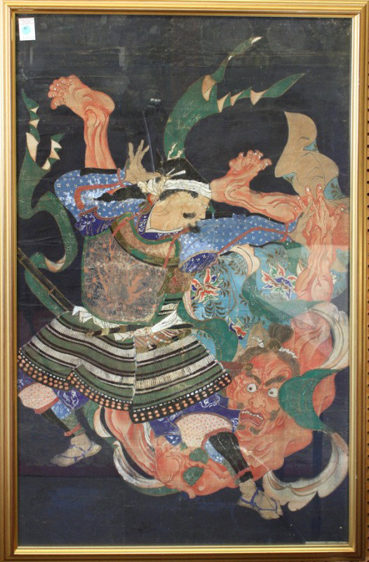 Japanese Painting, Samurai and Guardian Deity: Framed Japanese painting, Meiji period, ink and color on silk, depicting a samurai warrior in battle with a Nio, or temple guardian deity, overall: 46.5''h x 31''w