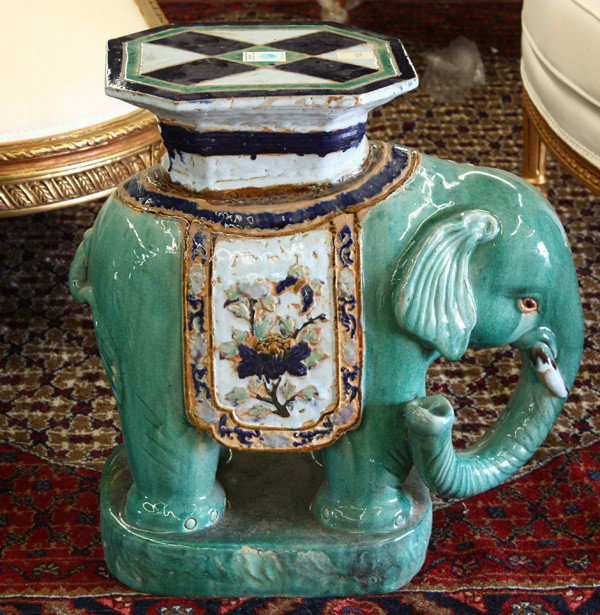 Asian garden stool: Asian garden stool, the high glaze polychrome decorated stool depicting an elephant and rising on an oval plinth, 22''h x 10.5''w x 20''d