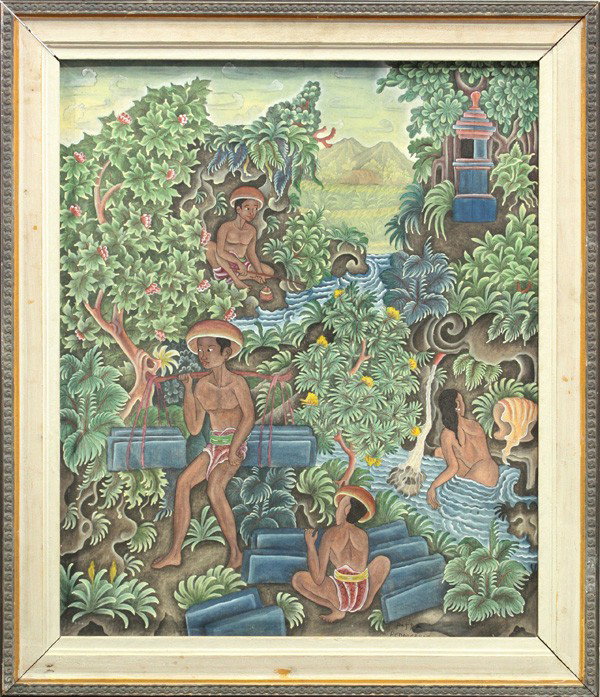 Painting, Balinese Landscape: Framed oil on canvas, Balinese Landscape with Figures, Balinese (20th century), signed ''Patra Pengosekan'' lower right, overall: 35''h x 30''w