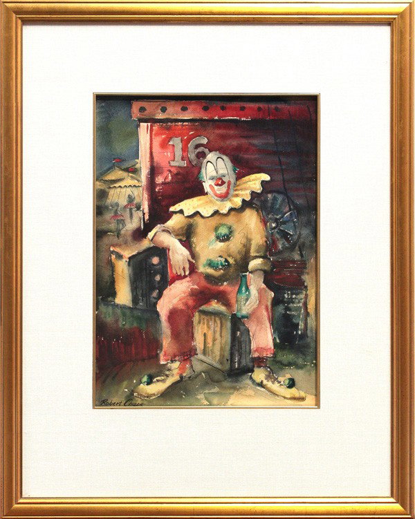 Watercolor, Robert Chase, Clown: Framed watercolor, Portrait of a Seated Clown, by Robert Chase (American, b.1919), signed ''Robert Chase'' lower left, overall: 28.25''h x 22.25''w