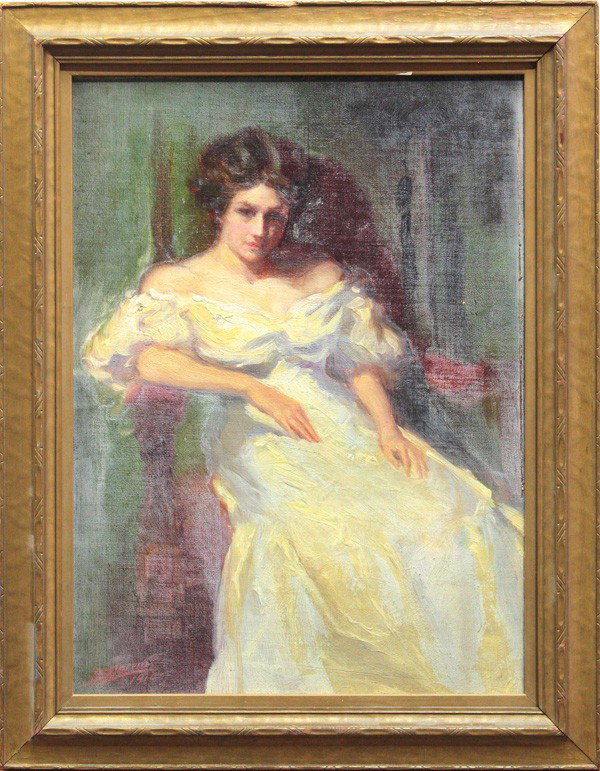 Painting, LEA Lorenz, Portrait: Framed oil on board, Woman in White, 1910, American school, signed ''LEA Lorenz'' lower left, largest overall: 18.5''h x 14.5''w