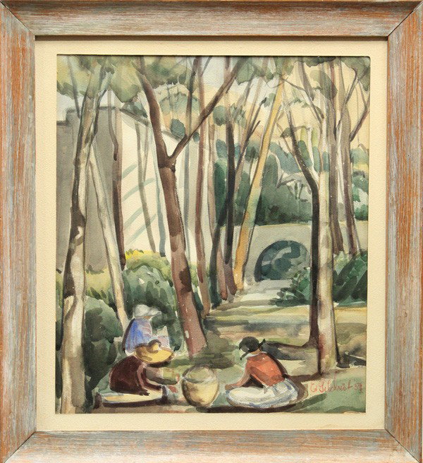 Painting, Evangeline Gilchrist, San Diego: Framed watercolor, Gathering by San Diego Trees, 1959, by Evangeline Gilchrist (Californian, 1899-1986), signed and dated lower right, overall: 21''h x 19''w