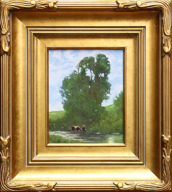Painting, Jesse Rasberry, Poppy Trail: Framed oil on canvas board, ''Watering Hole,'' by Jesse Rasberry (Californian, Contemporary), signed ''JD Rasberry'' lower left, sight: 9.75''h x 7.75''w, overall: 19.5''h x 16.34''w