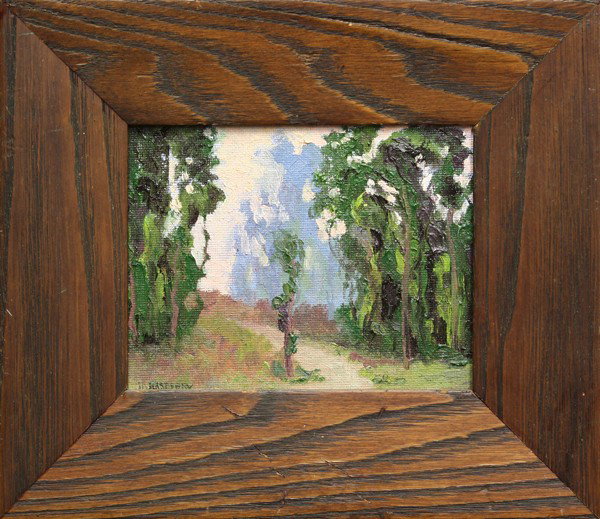 Painting, Jesse Rasberry, Eucalyptus Grove: Framed oil on canvas board, ''Eucalyptus Grove,'' by Jesse Rasberry (Californian, Contemporary), signed ''JD Rasberry'' lower left, overall: 8.25''h x 9.5''w
