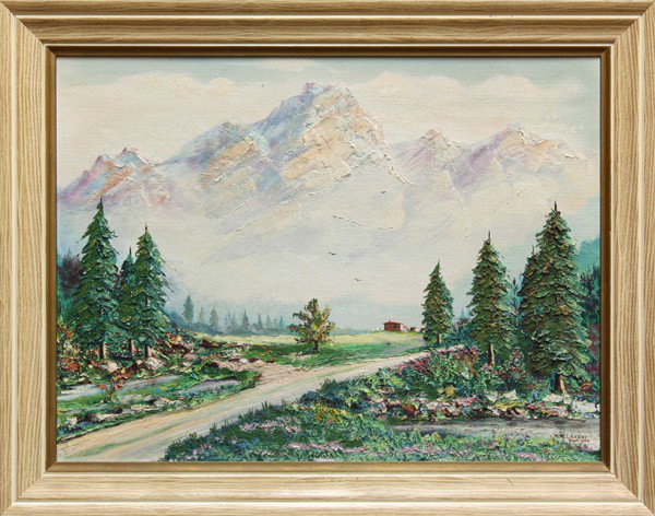 Painting, Fr. Graham Lesser, Inspiration Peak: Framed oil on canvas board, ''Inspiration Peak,'' 1964, signed and dated ''Fr. Graham Lessor Sept. 1964'' lower right, titled verso, overall: 22.5''h x 28.5''w