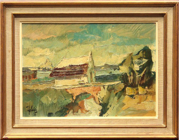 Painting, Mountain Scene with Chalet: Framed oil on board, European Mountain Scene with Chalet, 1965, European School (20th Century), signed and dated indistinctly ''Foley(?) '65'' lower left, largest overall: 14.25''h x 18.5''w