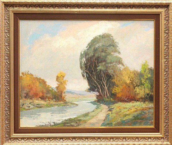 Painting, Lone Tree, signed J. Clement: Framed oil on canvas, Trees by the River, American School (20th century), signed ''J. Clement'' lower right, overall: 32.75''h x 38.5''w