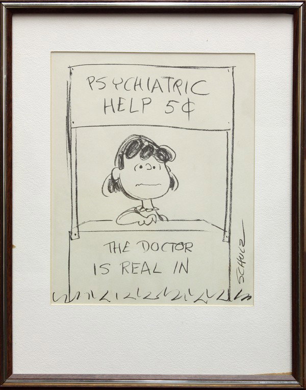 Print, Charles Schultz, Lucy: Framed lithograph, ''Lucy-Psychiatric Help 5 Cents'', by Charles Schultz (American, 1922-2000), signed on the stone ''Schultz'' lower right, overall: 19.25''h x 15.25''w