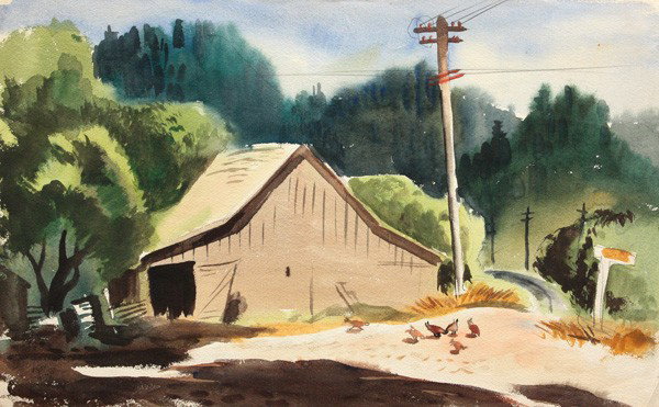Watercolor, Leon Kirkman Amyx, California Cottage: Unframed watercolor, California Cottage, by Leon Kirkman Amyx (California, 1908-1995), signed ''Leon Amyx'' lower left, Museum Deaccession, overall: 12''h x 19''w