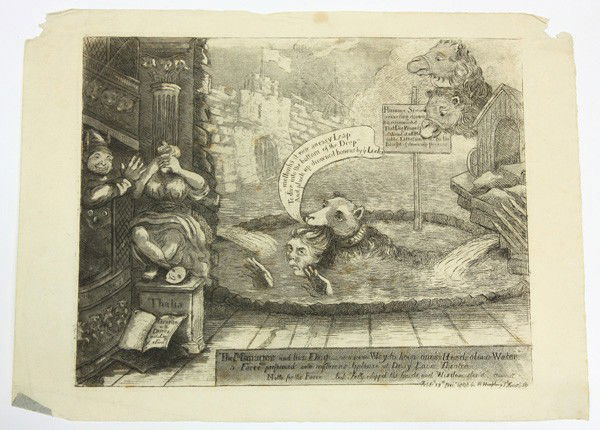 Etching, James Gillray, 19th century: (Lot of 8) Unframed European and American 19th century etchings, ''The Manager and His Dog'' and ''The Greeks'' by James Gillray, published by H. Humphrey; ''The Heroism of Prince Edward,'' by F. Bart