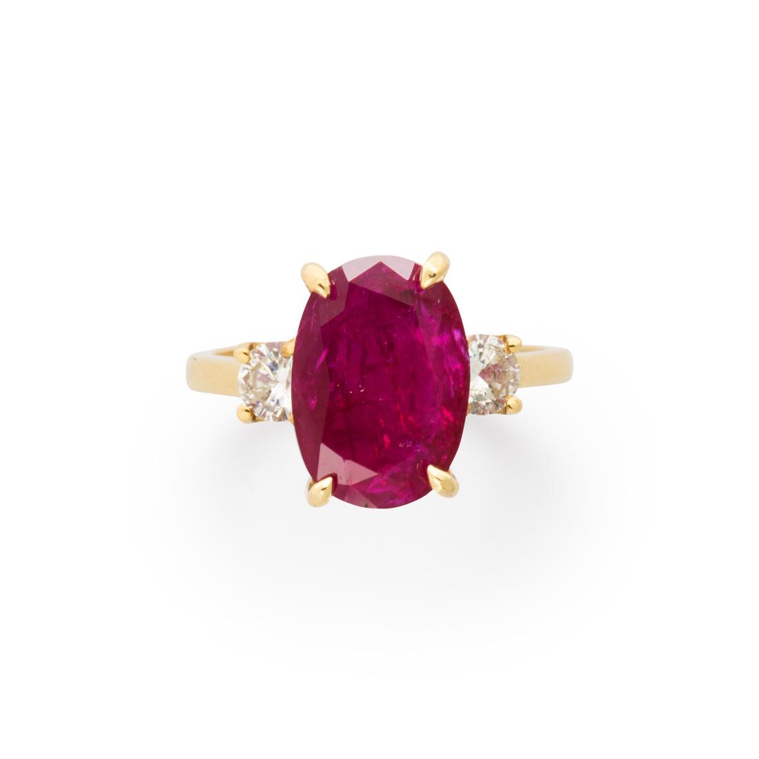 An unheated Burma ruby, diamond and eighteen karat gold ring (1 of 3)