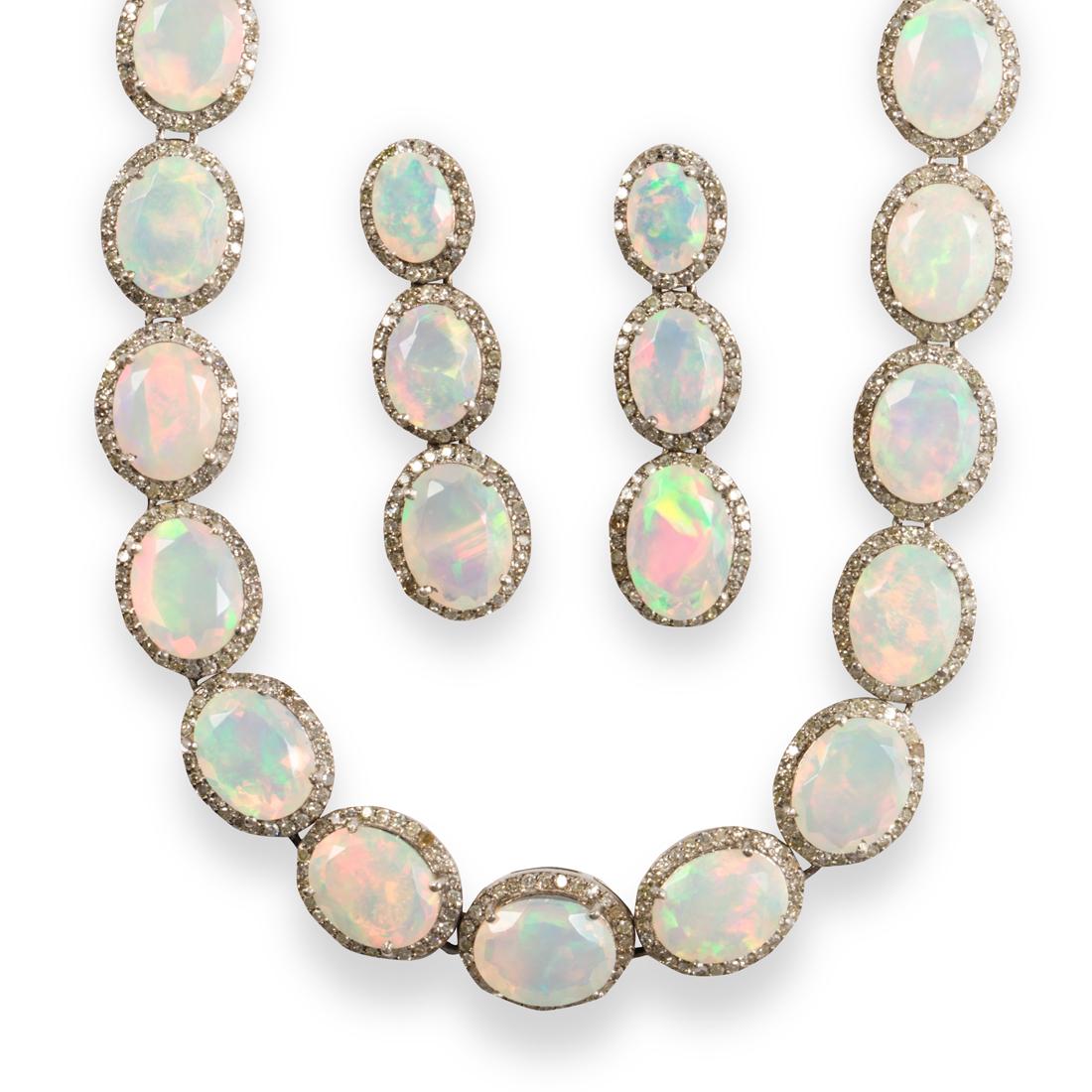 A pair of opal and diamond earrings and necklace suite (1 of 2)