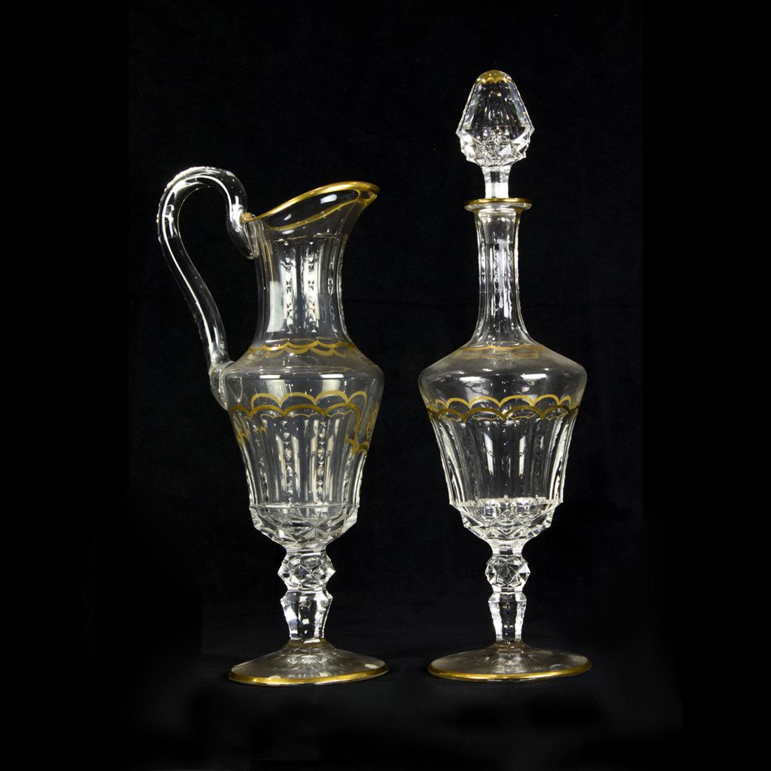 (Lot of 2) St. Louis cut and gilt glass jug and wine decanter in the Excellence pattern: (Lot of 2) St. Louis cut and gilt glass jug and wine decanter in the Excellence pattern, acid etched mark, jug with monogram 15"h; decanter 17.25"h. Provenance: Property of a prominent Hillsborough, C