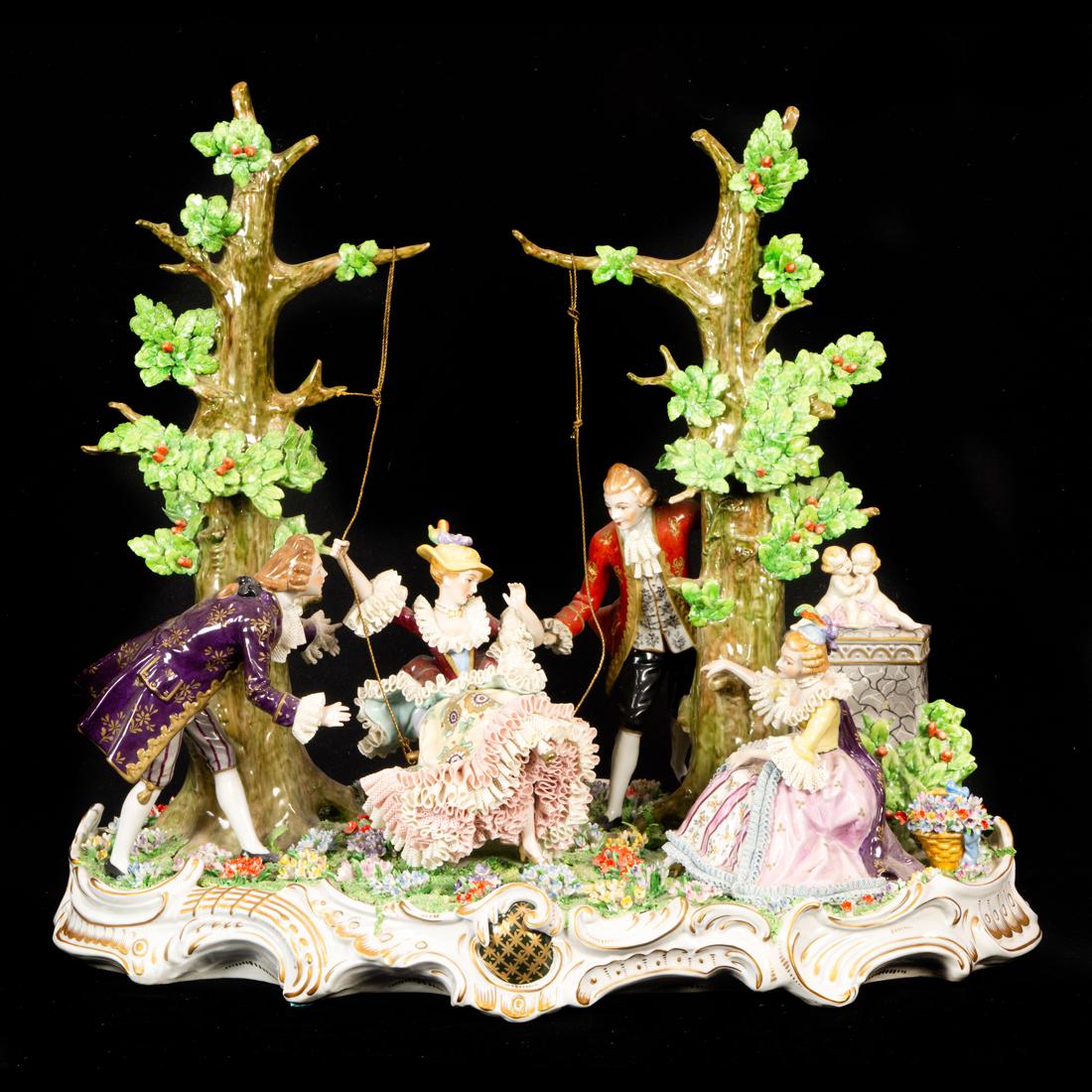 A Dresden Sitzendorf porcelain crinoline group after The Swing (1 of 4)