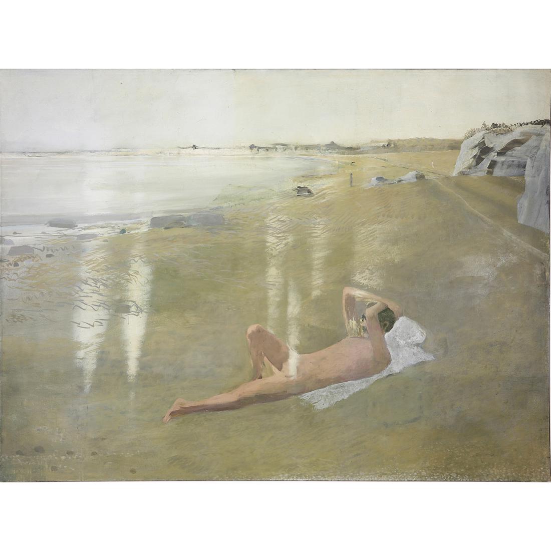 Painting, Walter Snelgrove: Walter Snelgrove (American, 1924-1952), "Nude on Beach (Baker Beach)," oil on canvas, signed verso, title label affixed verso, canvas: 56.75"h x 76"h, overall (with frame): 57"h x 77"w