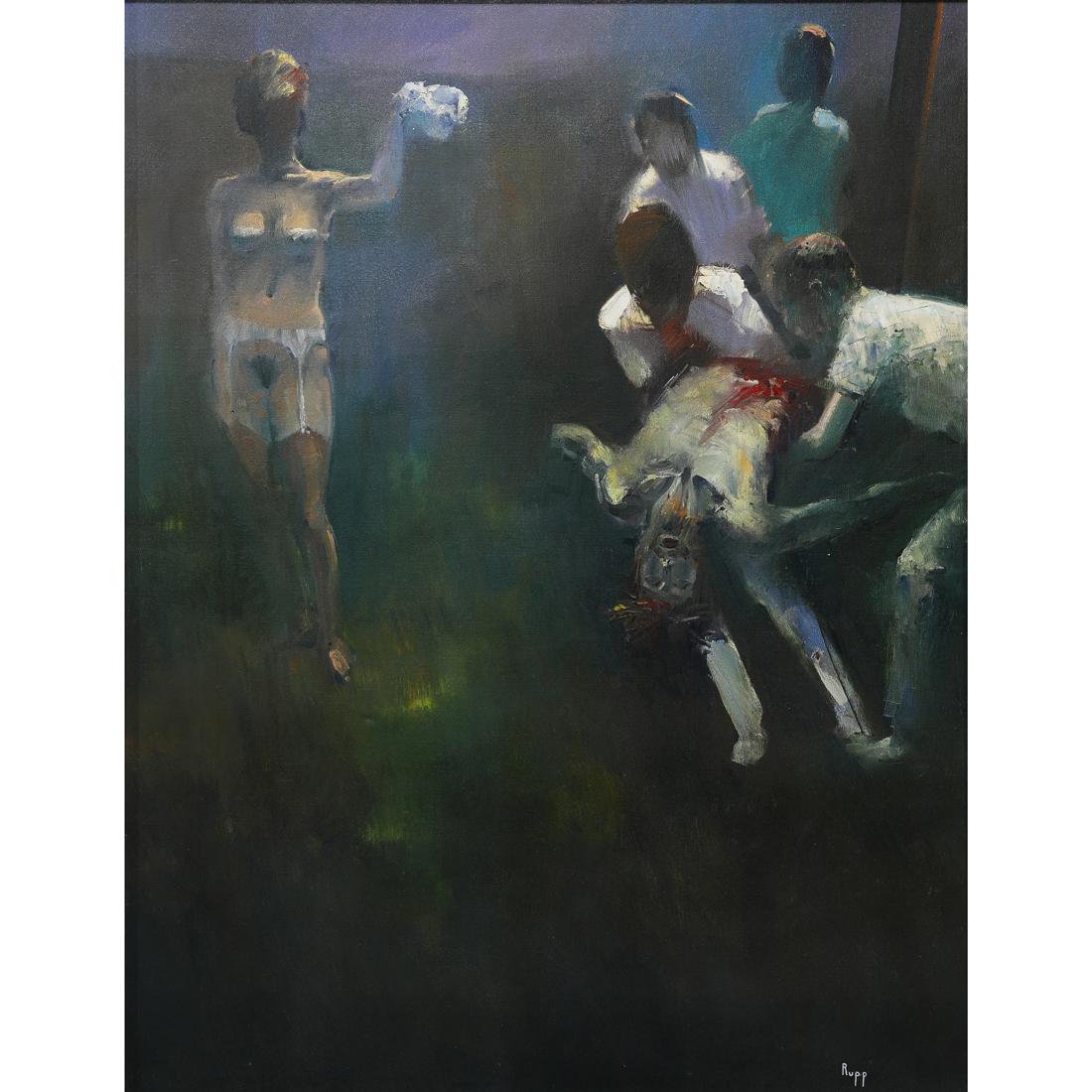 Painting, Kent Rupp: Kent Rupp (American, 1937-2021), Descent from the Cross, oil on canvas, signed lower right, canvas: 46"h x 36"w, overall (with frame): 47"h x 37"w