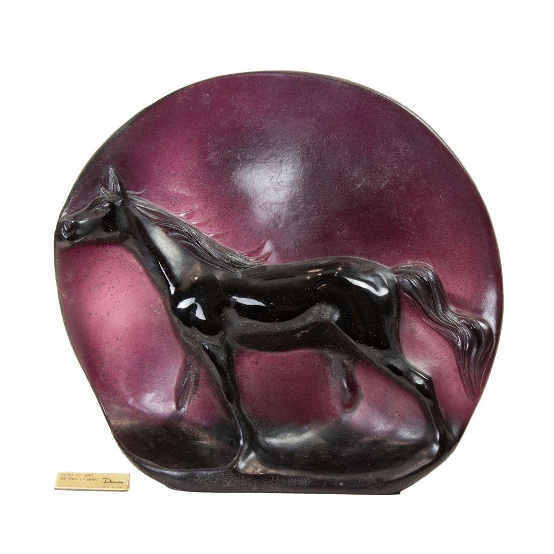 A Daum pate de verre Camargue relief plaque designed by Guy Petitfils: A Daum pate de verre Camargue relief plaque designed by Guy Petitfils, limited edition 56 of 150, relief artist's signature, engraved 'DAUM 56 / 150 FRANCE', 16"h x 17"w. Provenance: Property of a pro