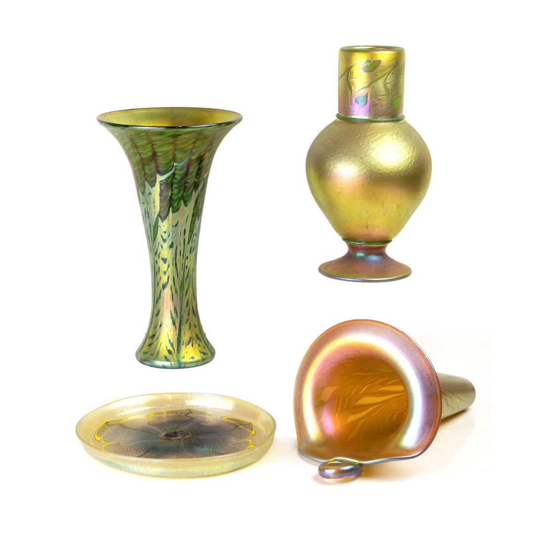 (Lot of 4) Lundberg Studios iridescent glass articles including wall pocket (1 of 10)