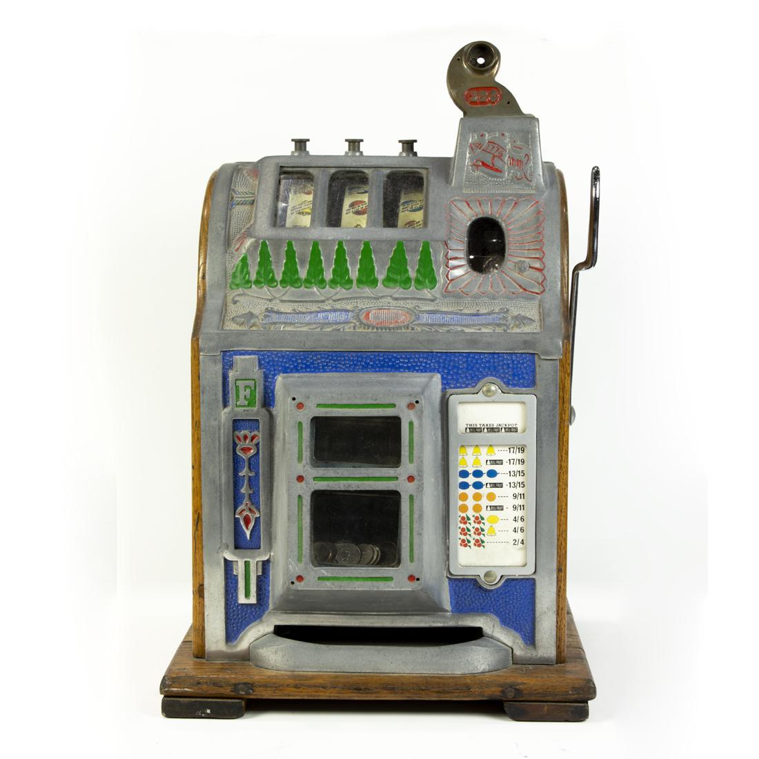 A Mills 1776 Liberty Bell oak and painted metal 25 cent slot machine (1 of 3)