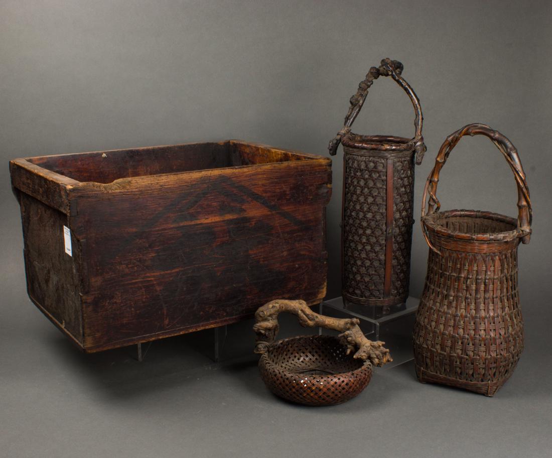 (lot of 4) Japanese woven bamboo ikebana baskets and wood box (1 of 1)
