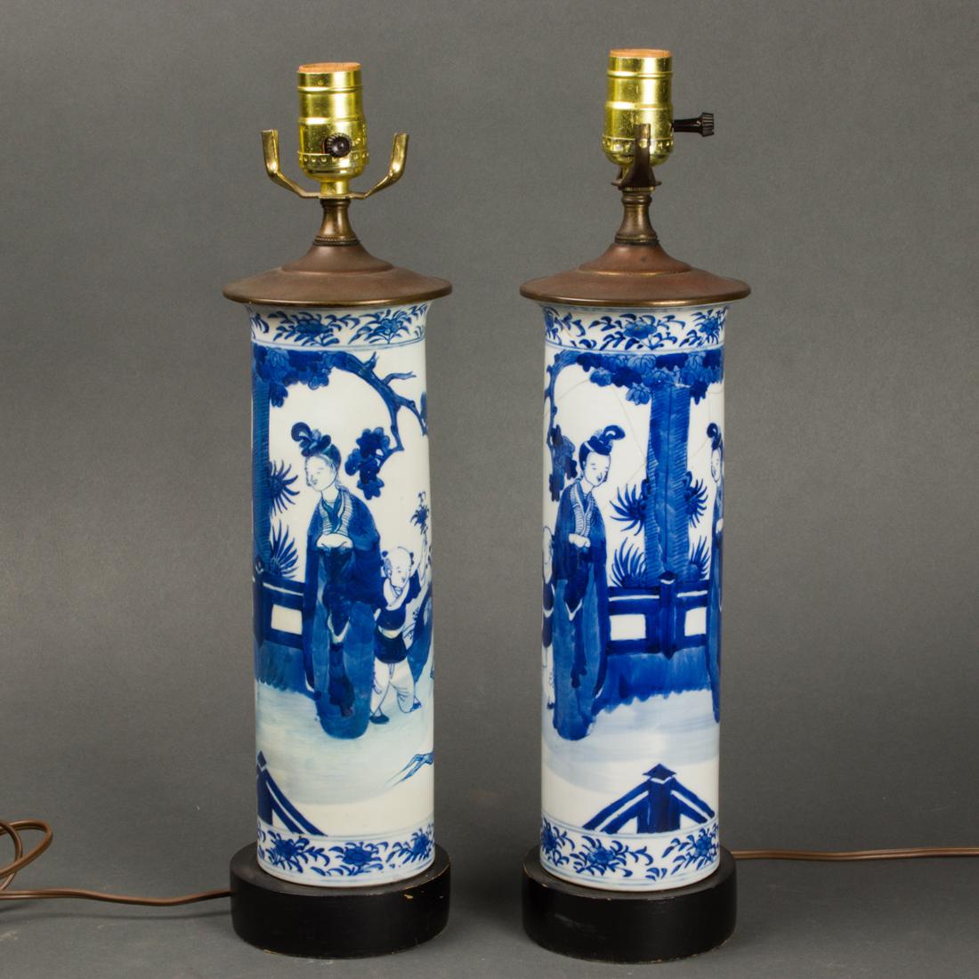 Pair of Chinese blue and white cylindrical lamps: Pair of Chinese blue and white cylindrical lamps, 17.5"h.