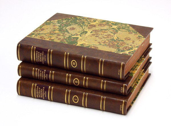Books, Newton, ..Principia Mathematica... 1742: (lot of 3) Books, Three volumes of Sir Isaac Newton's (1642-1727), Philosophiae Naturalis Principia Mathematica, MDCCXXXIX (1742), Auctore, Isaaco Newtono, Eq. Aurato, Perpetuis Commentariis illustrat