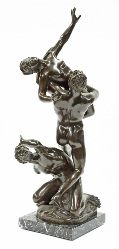 Patinated figural bronze: Bronze figural group, Classical Scene depicting the Rape of Persephone by Hades, modeled after the 1621 sculpture by Gian Lorenzo Bernini, rising on a square marble plinth, 24''h unsigned