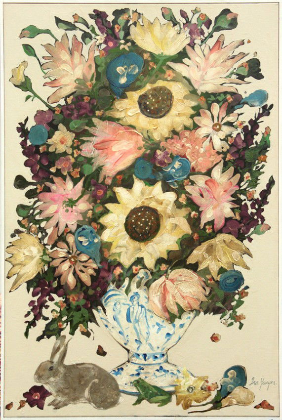 Painting, Ira Yeager, Still Life with Frog: Framed oil on canvas, Still Life of Flowers with Frog and Rabbit, Ira Yeager (Californian, b.1938), signed ''Ira Yeager'' lower right, canvas: 35.5''h x 23.5''w. Provenance: Estate of Mr. and Mrs. Ben