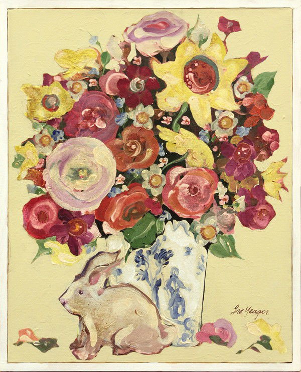 Painting, Ira Yeager, Still Life with Rabbit: Framed oil on canvas, Still Life of Flowers with Rabbit, by Ira Yeager (Californian, b.1938), signed ''Ira Yeager'' lower right, canvas: 19.75''h x 16''w. Provenance: Estate of Mr. and Mrs. Ben H. Eat