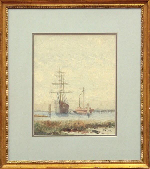 Watercolor, William A. Coulter, Ships in a Harbor: Framed watercolor, Ships in a Harbor, by William Alexander Coulter (Californian, 1849-1936), signed ''W.A. Coulter'' lower right, sight: 13.25''h x 10.75''w. Provenance: Santa Rosa, California collect