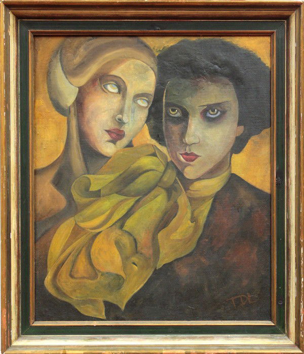 Painting, attributed to Tamara de Lempicka: Framed oil on canvas, Portrait of Two Women, attributed to Tamara de Lempicka (Polish, 1898-1980), bears initials lower right, sight: 25.125''h x 21''w